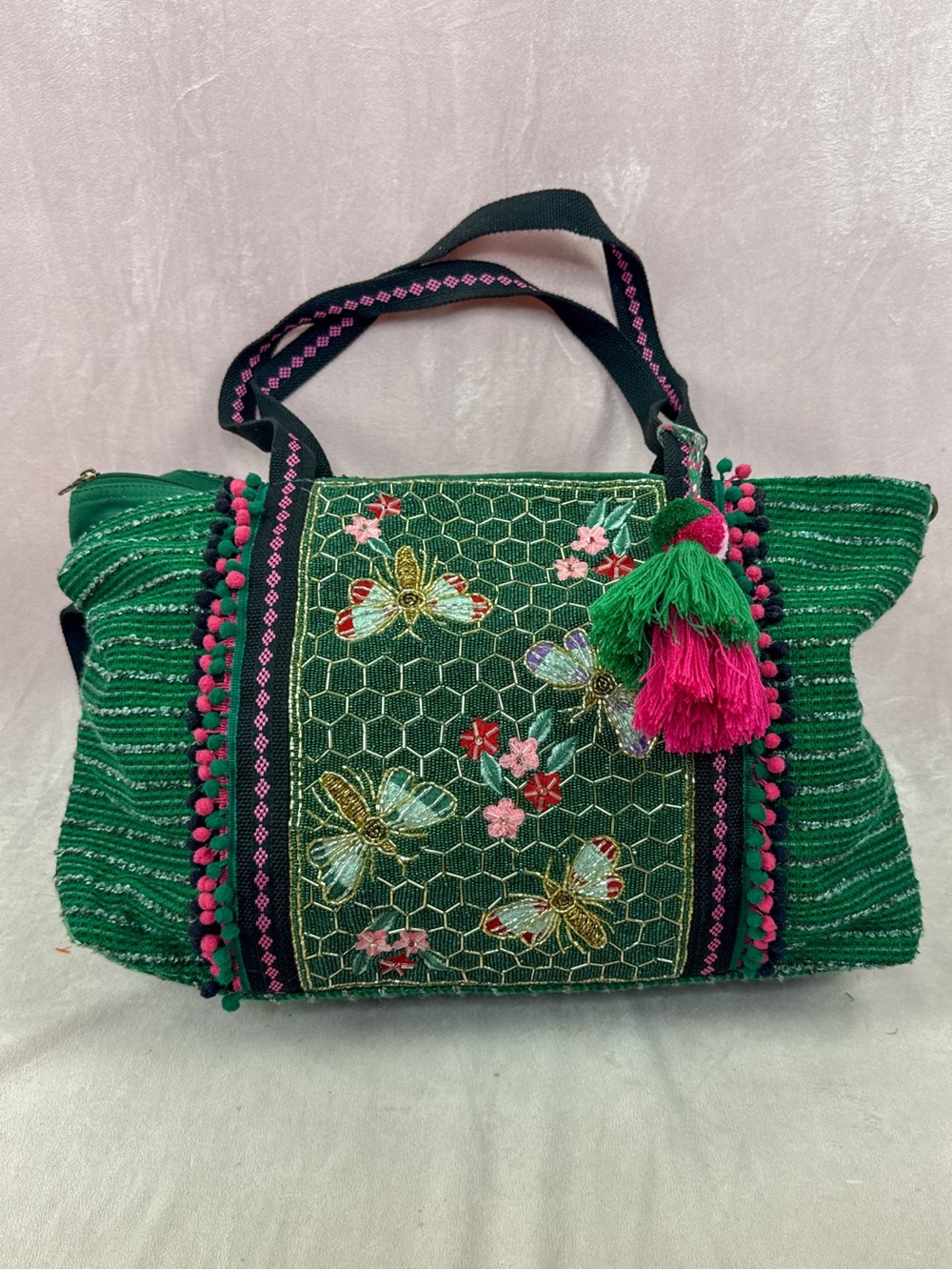 America & Beyond Womens Green Beaded Butterfly Floral Embroidered Tote Crossbody
